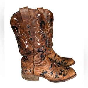 Corral Vintage Distressed Antique Leather & Black Sequin Inlay Boots, Size 7.5W